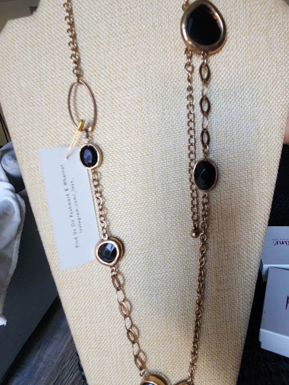 CHICOS -Gold-Tone Long Necklace with Black Stones